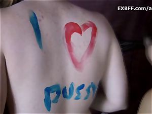 Collared hairy unexperienced gets bod painted by girlfriend